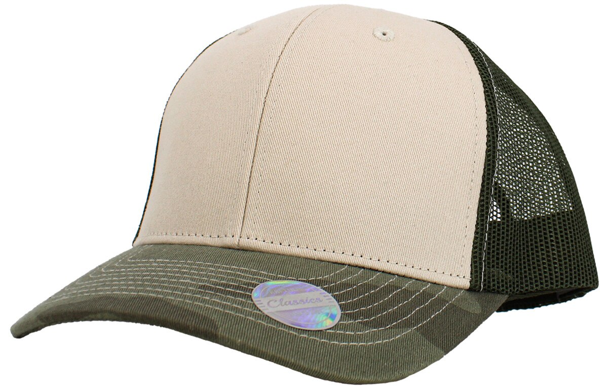 Stone Camouflage Olive Classic 6 Panel Trucker Mesh Snapback Front Side View